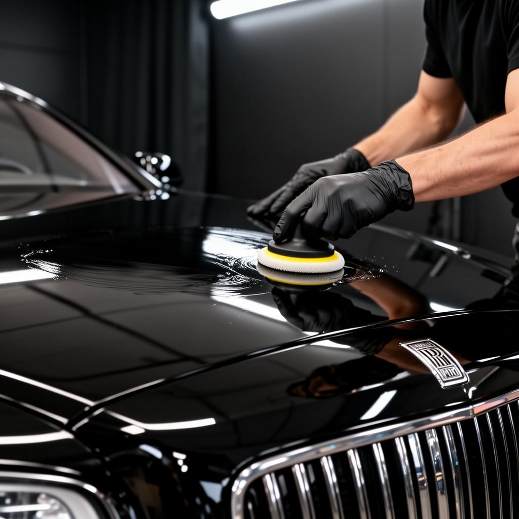 Auto detailing in progress — exterior wash and ceramic coating application