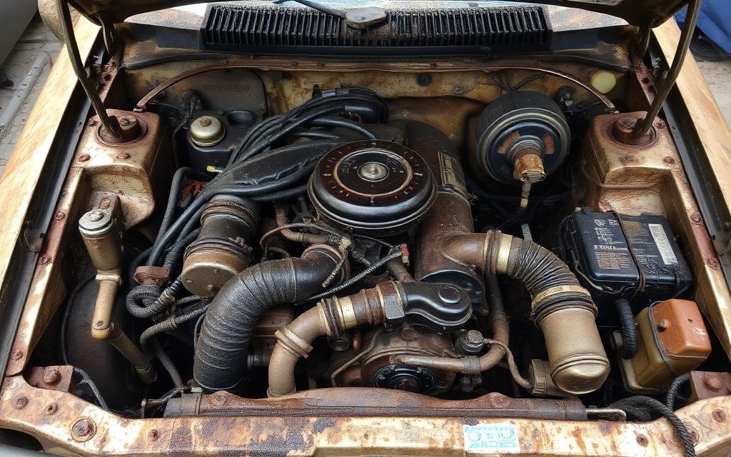Severe Neglect / Oil Leak Residue — engine bay condition example