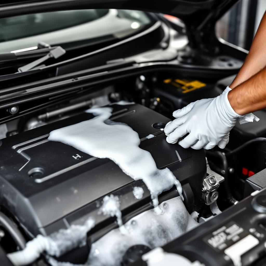 Technician using a detailing brush inside a clean engine bay with visible components