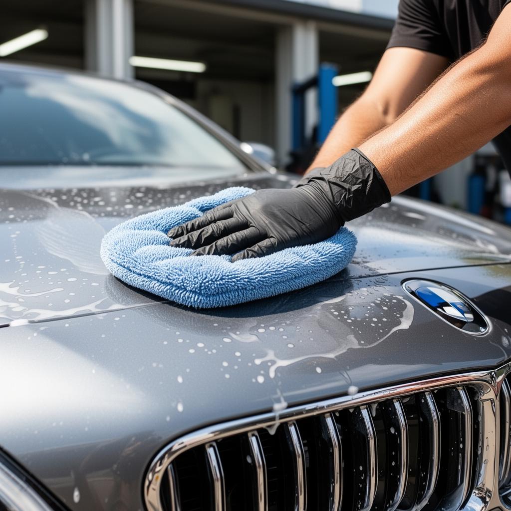 Professional detailer washing a car with a soft microfiber mitten