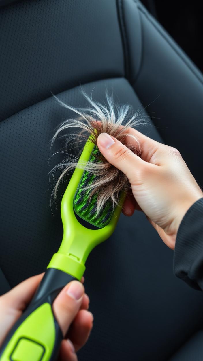 Rubber brush pulling visible pet hair from car seat fabric