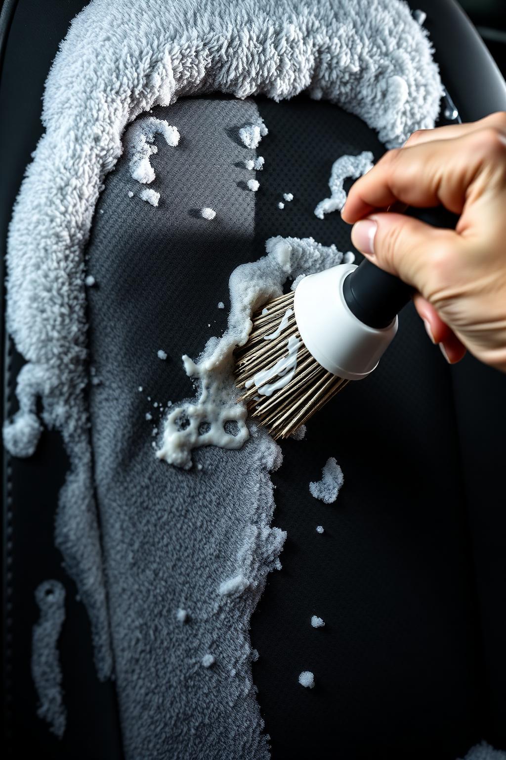 Close-up of foam shampoo being worked into a car seat with visibly clean result