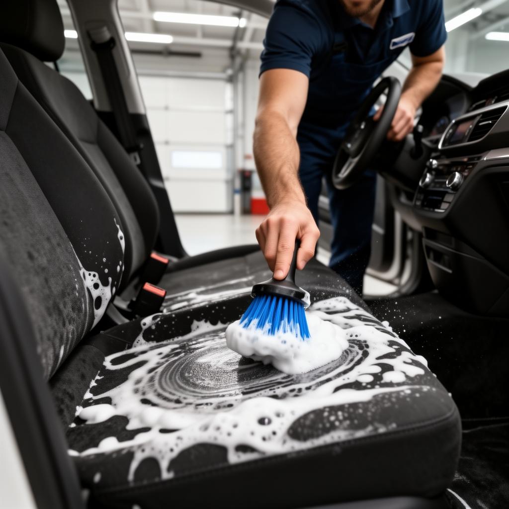 Hot water extractor wand cleaning a car carpet