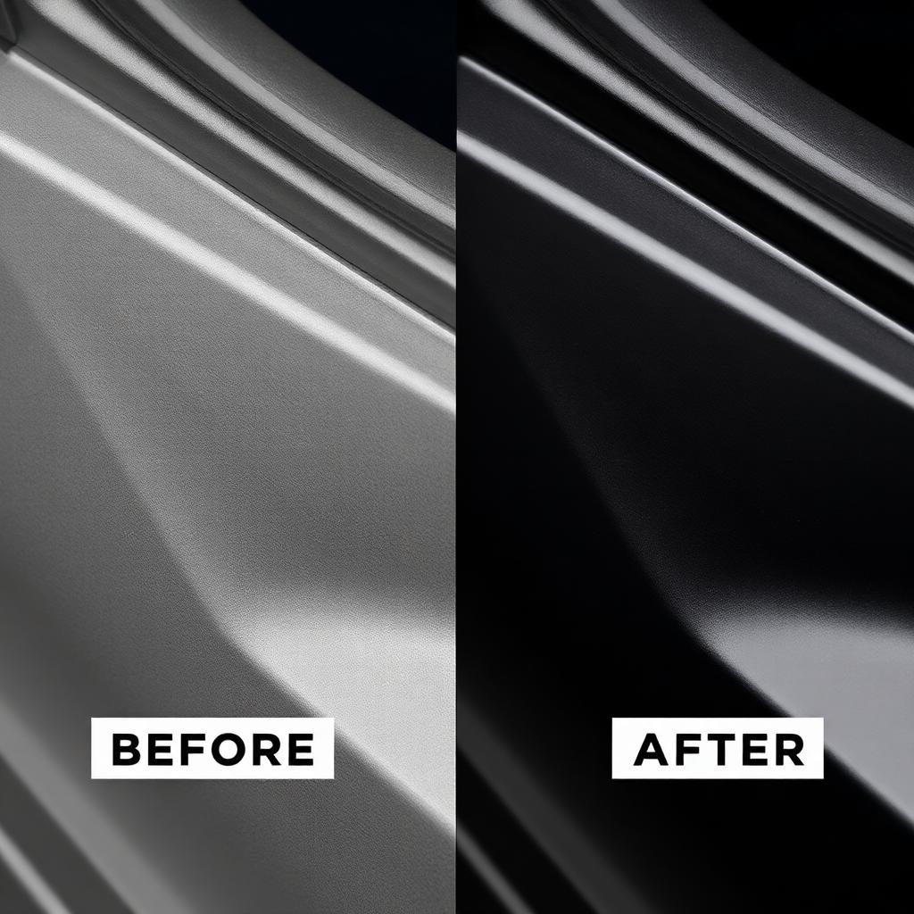 Before and after of faded vs restored black plastic trim panel