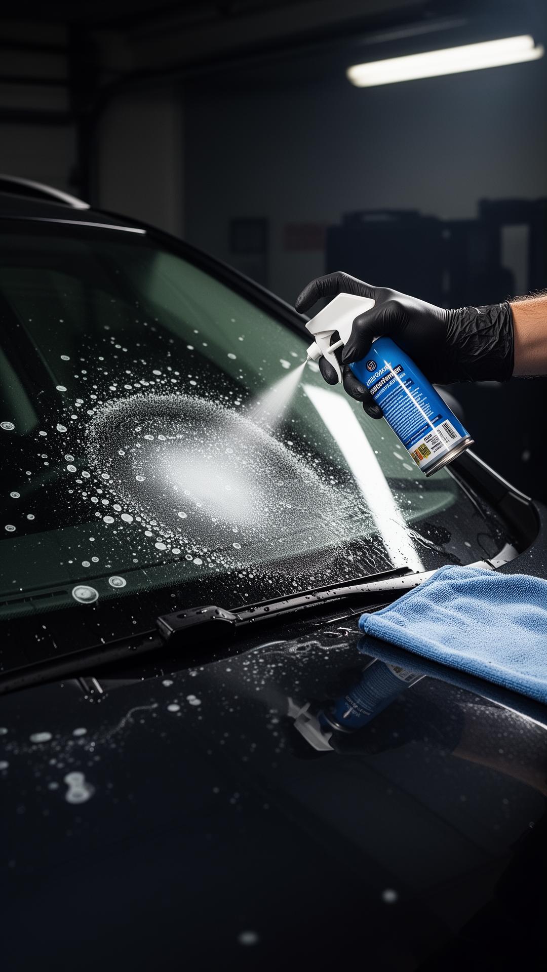 Close-up of water spot treatment being applied to glass