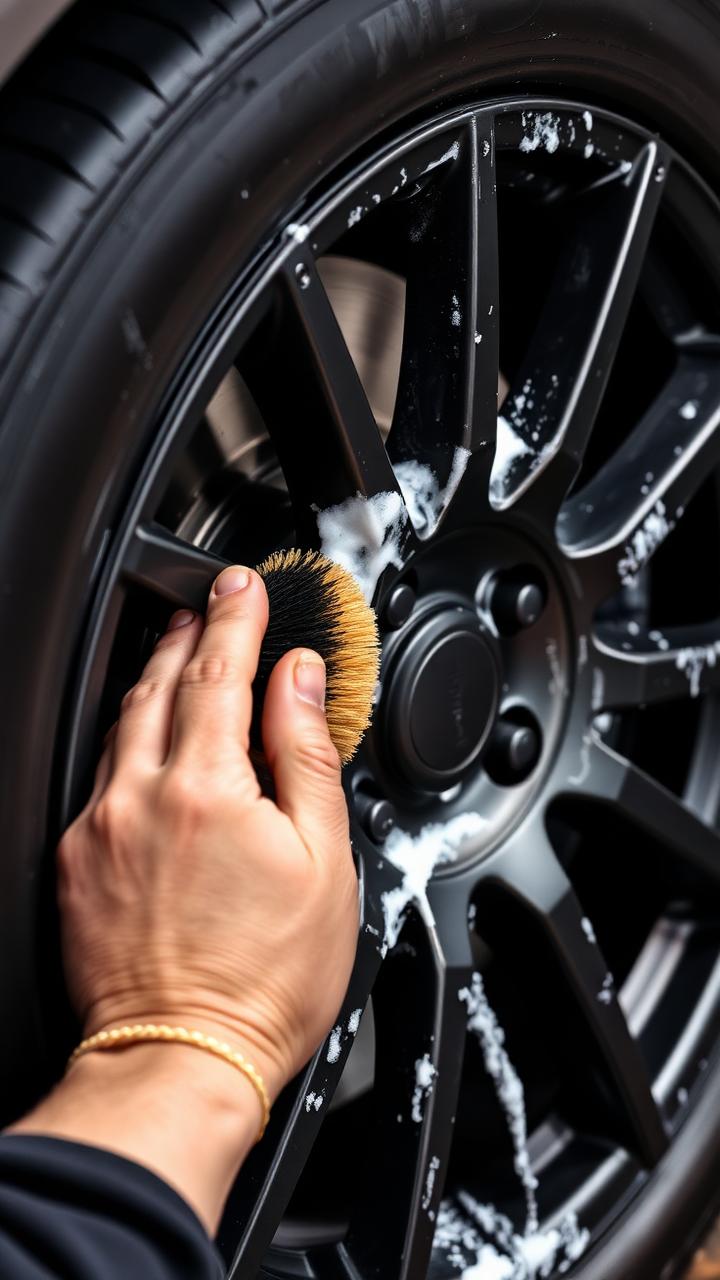 Wheel brush being worked into spokes of a dark alloy wheel with foam visible
